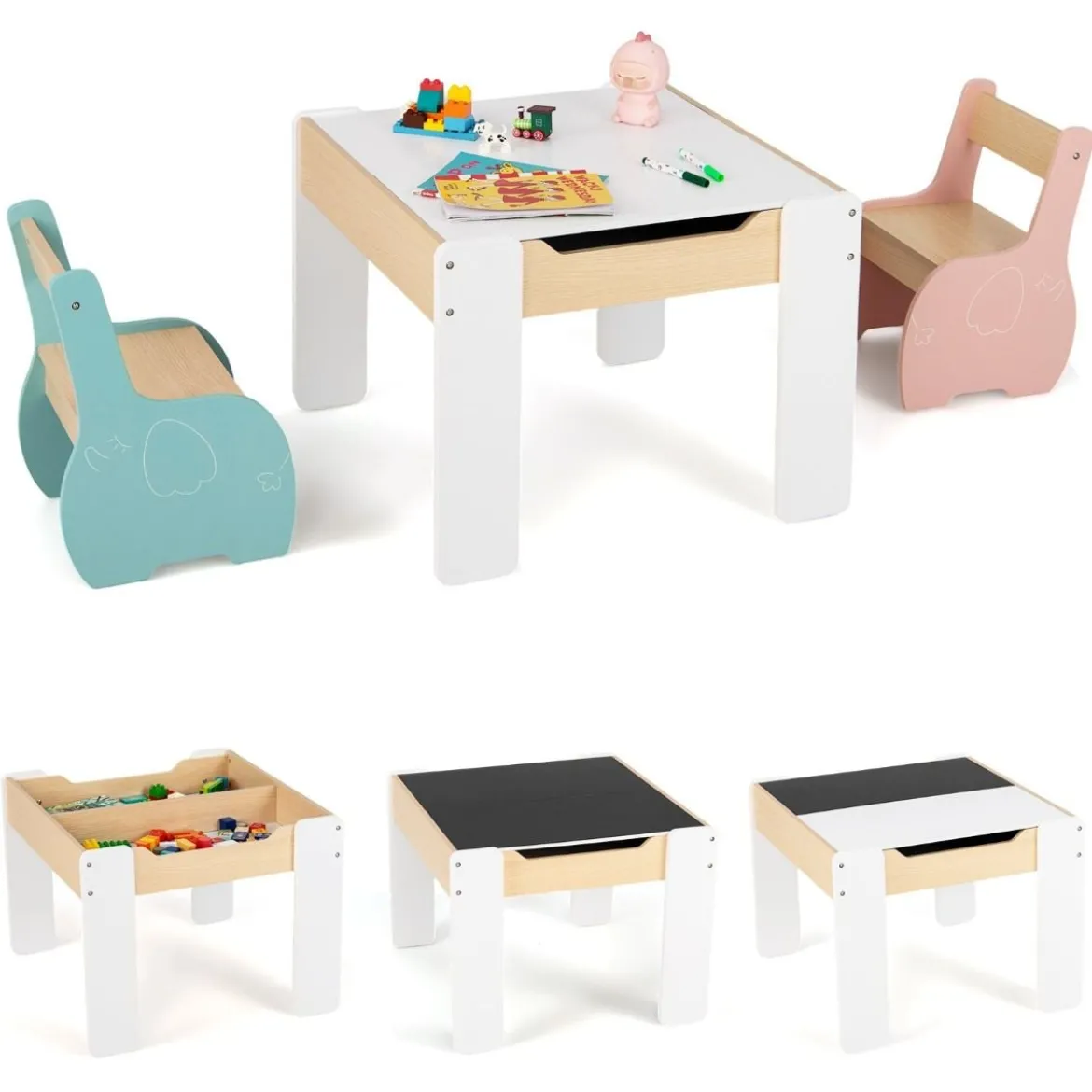 4 in 1 3tlg. Kindersitzgruppe aus Holz mit Abnehmbarer Tafel & Stauraum
