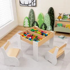 4 in 1 3tlg. Kindersitzgruppe aus Holz mit Abnehmbarer Tafel & Stauraum