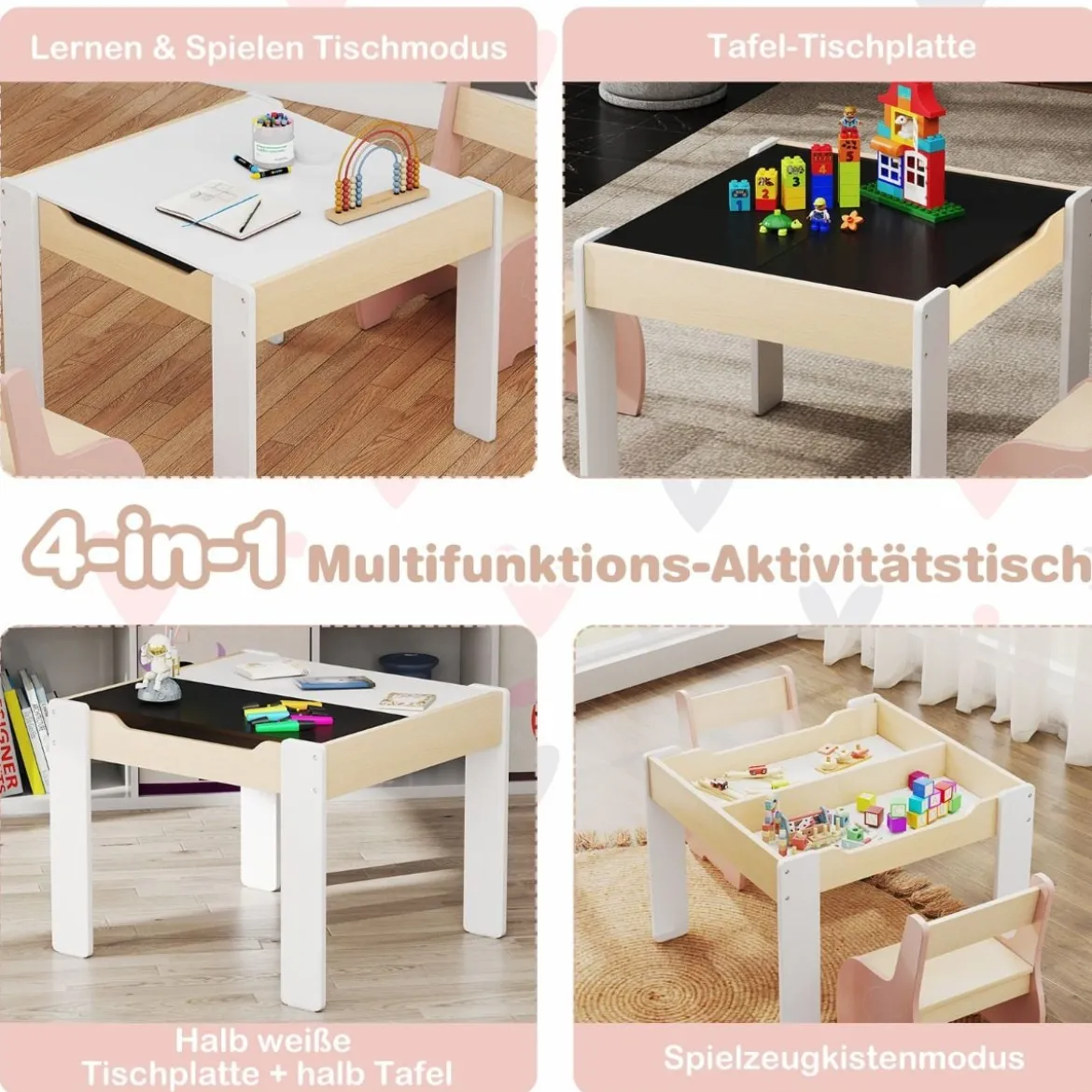 4 in 1 3tlg. Kindersitzgruppe aus Holz mit Abnehmbarer Tafel & Stauraum