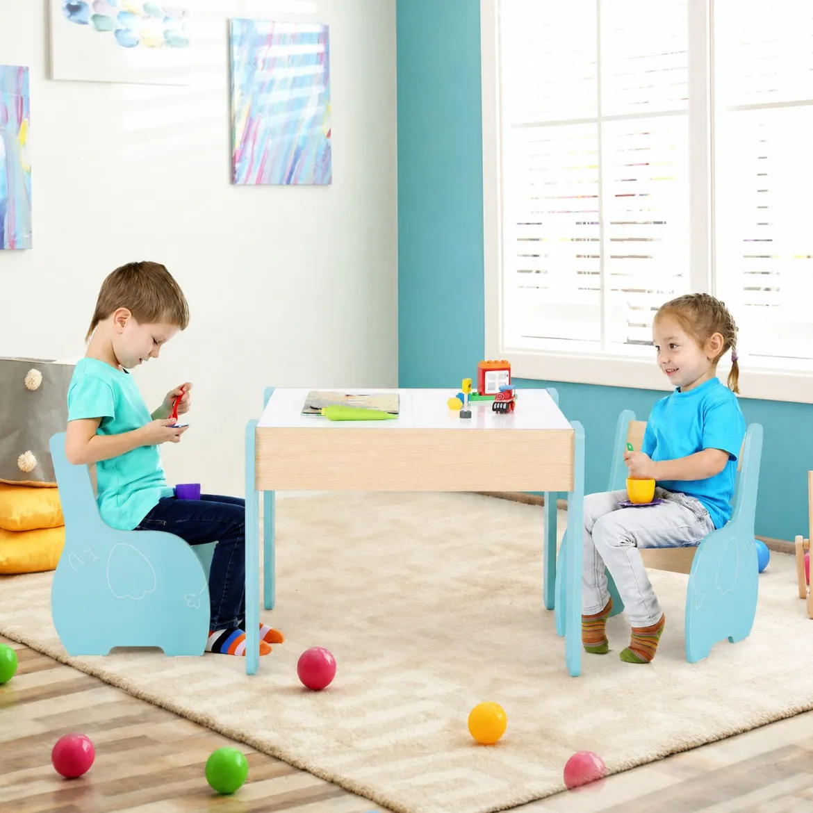 4 in 1 3tlg. Kindersitzgruppe aus Holz mit Abnehmbarer Tafel & Stauraum