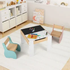 4 in 1 3tlg. Kindersitzgruppe aus Holz mit Abnehmbarer Tafel & Stauraum