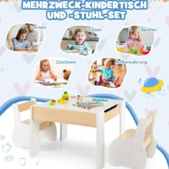 4 in 1 3tlg. Kindersitzgruppe aus Holz mit Abnehmbarer Tafel & Stauraum