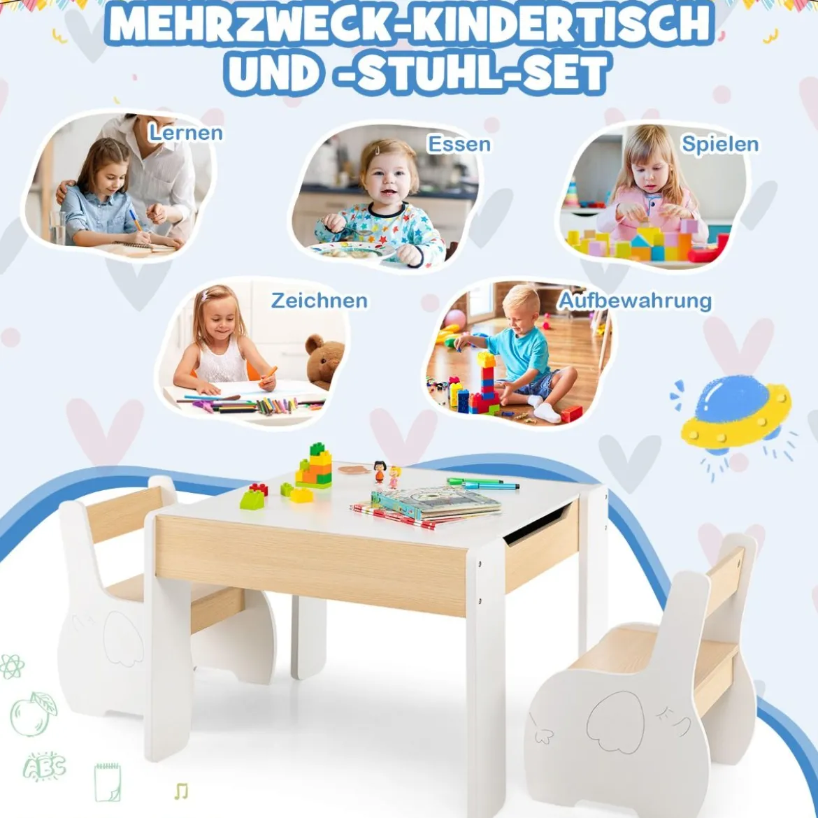 4 in 1 3tlg. Kindersitzgruppe aus Holz mit Abnehmbarer Tafel & Stauraum