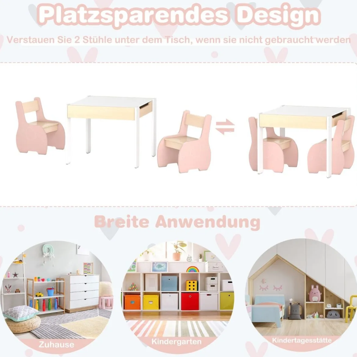 4 in 1 3tlg. Kindersitzgruppe aus Holz mit Abnehmbarer Tafel & Stauraum
