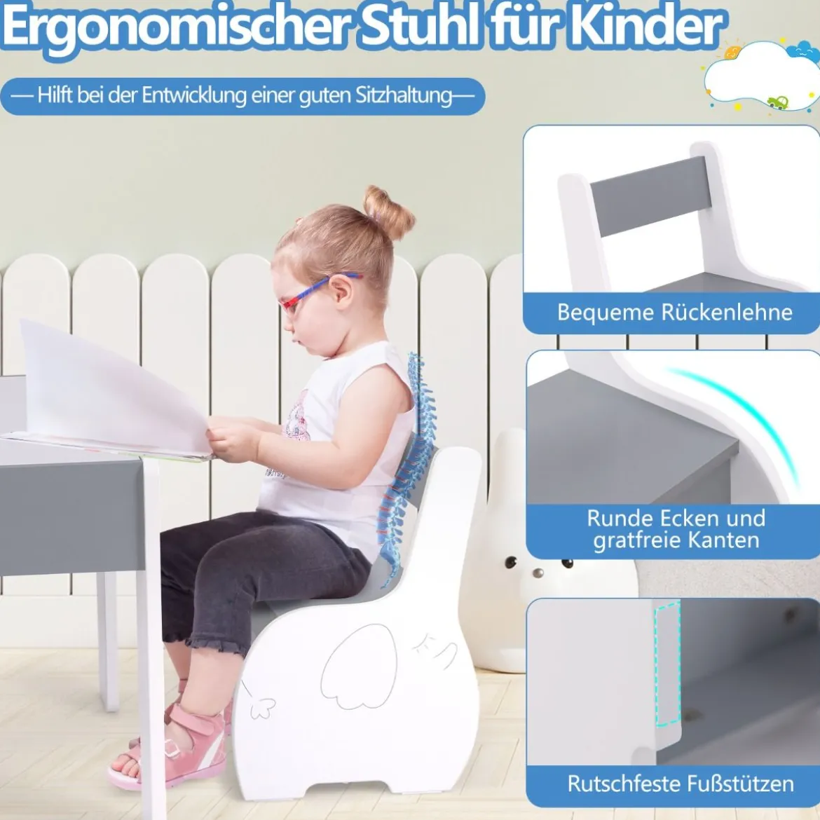 4 in 1 3tlg. Kindersitzgruppe aus Holz mit Abnehmbarer Tafel & Stauraum
