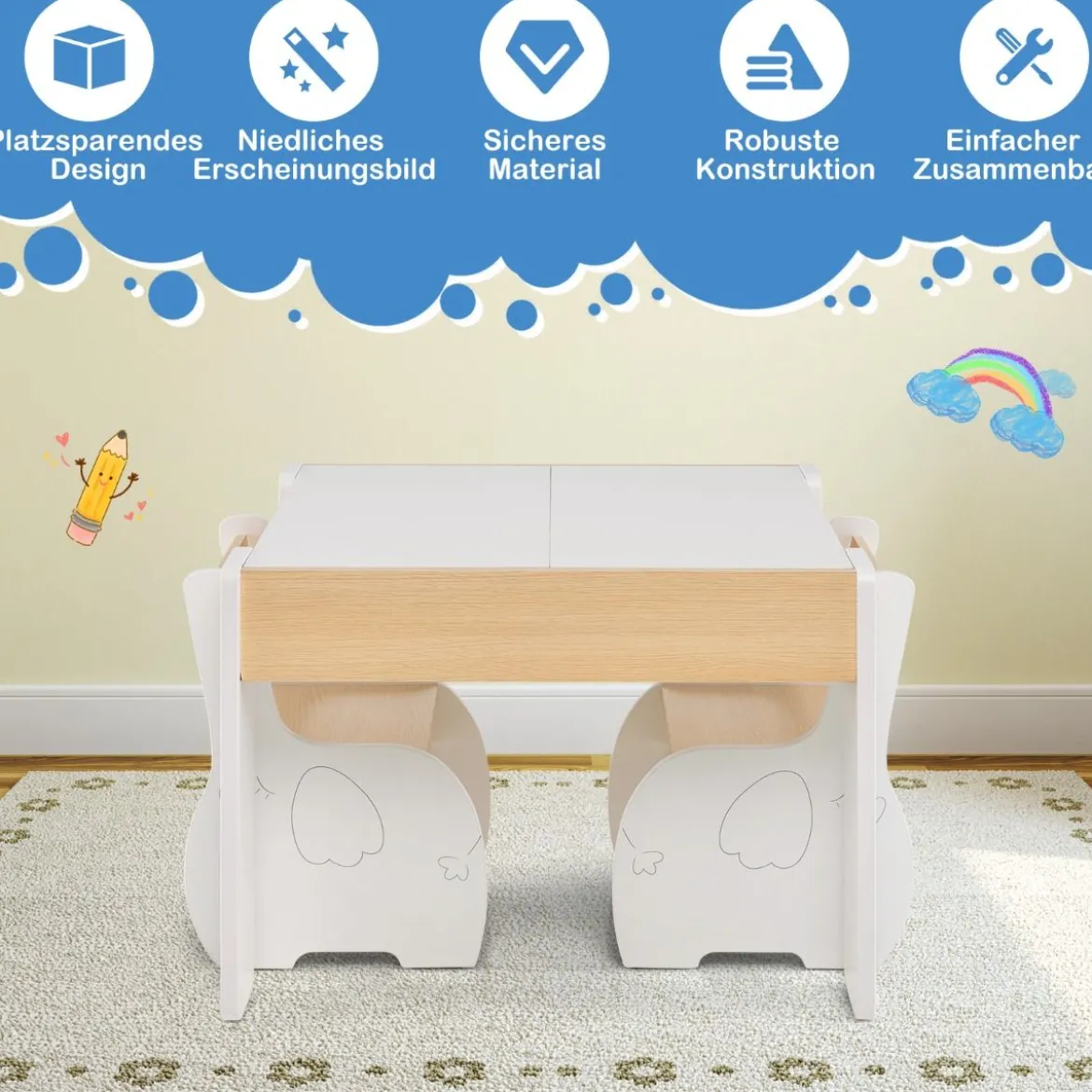 4 in 1 3tlg. Kindersitzgruppe aus Holz mit Abnehmbarer Tafel & Stauraum