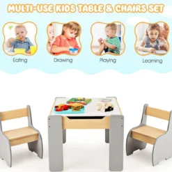 4 in 1 3tlg. Kindersitzgruppe aus Holz mit Abnehmbarer Tafel & Stauraum