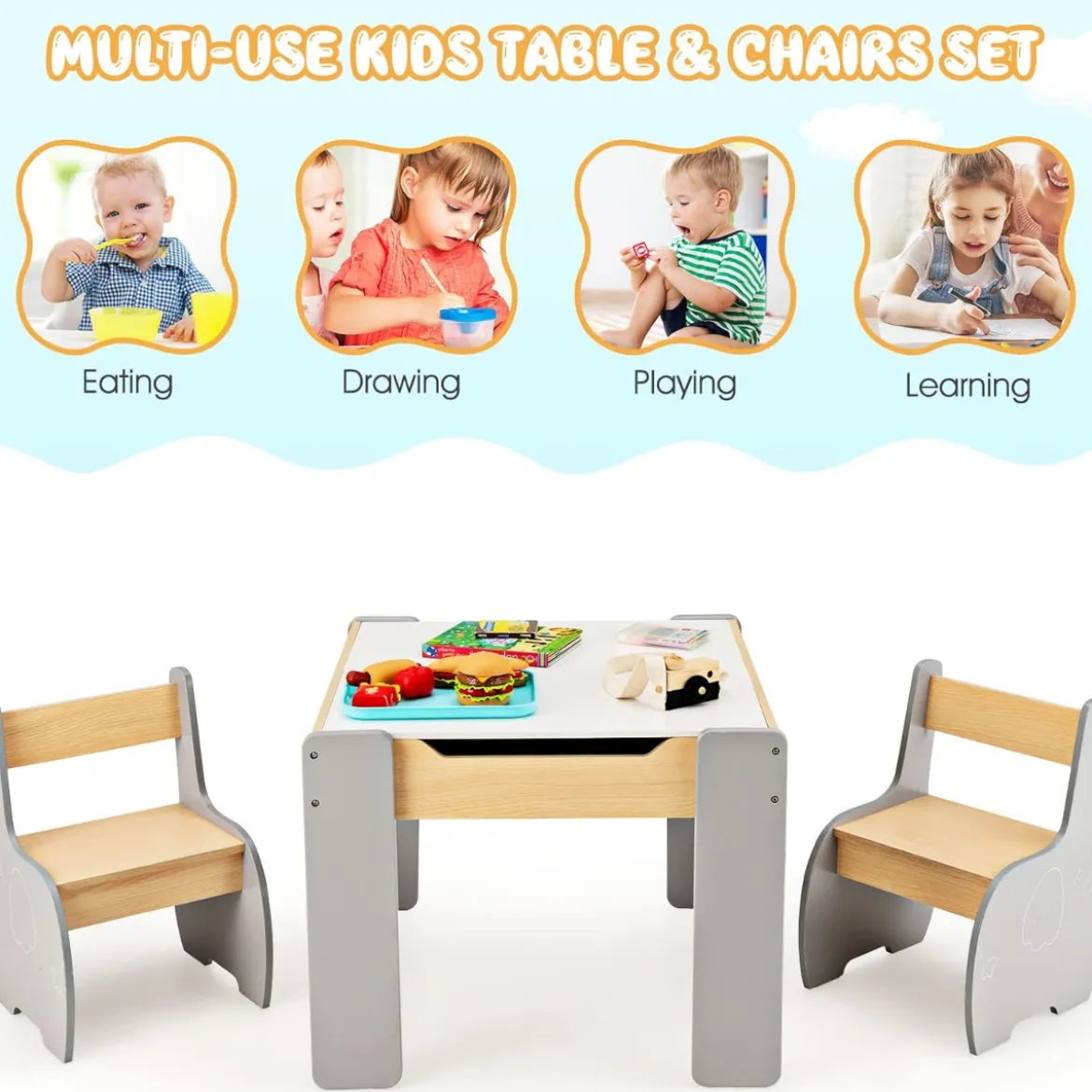 4 in 1 3tlg. Kindersitzgruppe aus Holz mit Abnehmbarer Tafel & Stauraum