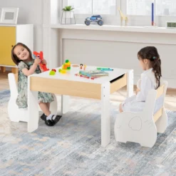 4 in 1 3tlg. Kindersitzgruppe aus Holz mit Abnehmbarer Tafel & Stauraum
