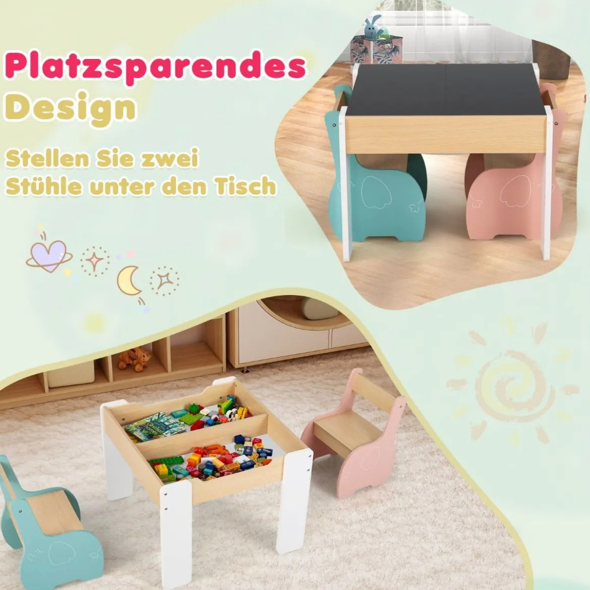 4 in 1 3tlg. Kindersitzgruppe aus Holz mit Abnehmbarer Tafel & Stauraum
