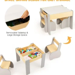4 in 1 3tlg. Kindersitzgruppe aus Holz mit Abnehmbarer Tafel & Stauraum