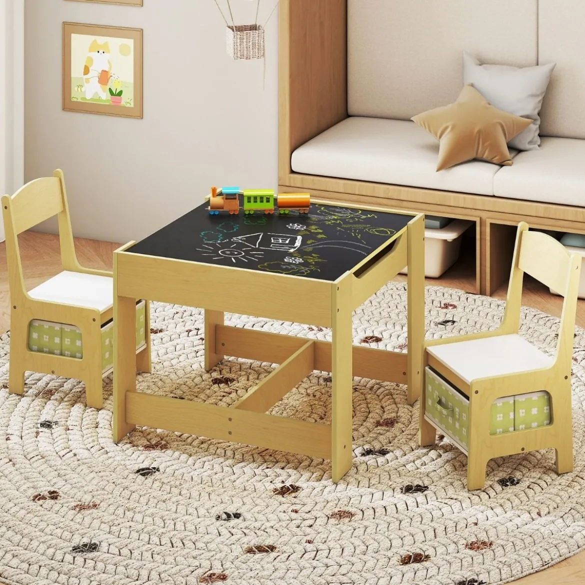 3 in 1 3 TLG. Kindersitzgruppe Kindermöbel Kindersitzgarnitur Kindertisch mit 2 Stühlen aus Holz Maltisch