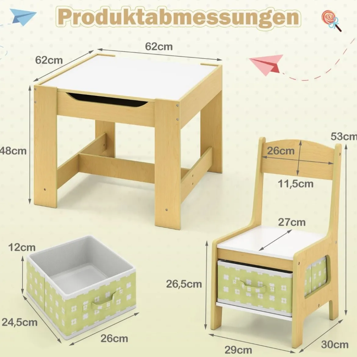 3 in 1 3 TLG. Kindersitzgruppe Kindermöbel Kindersitzgarnitur Kindertisch mit 2 Stühlen aus Holz Maltisch