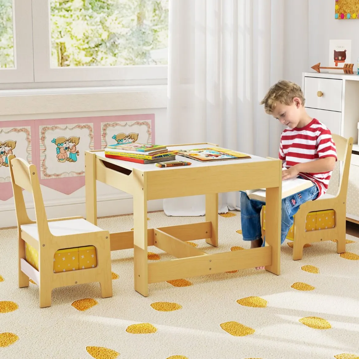 3 in 1 3 TLG. Kindersitzgruppe Kindermöbel Kindersitzgarnitur Kindertisch mit 2 Stühlen aus Holz Maltisch