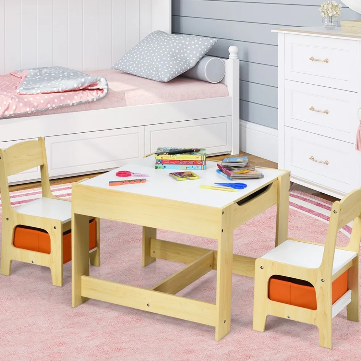 3 in 1 3 TLG. Kindersitzgruppe Kindermöbel Kindersitzgarnitur Kindertisch mit 2 Stühlen aus Holz Maltisch