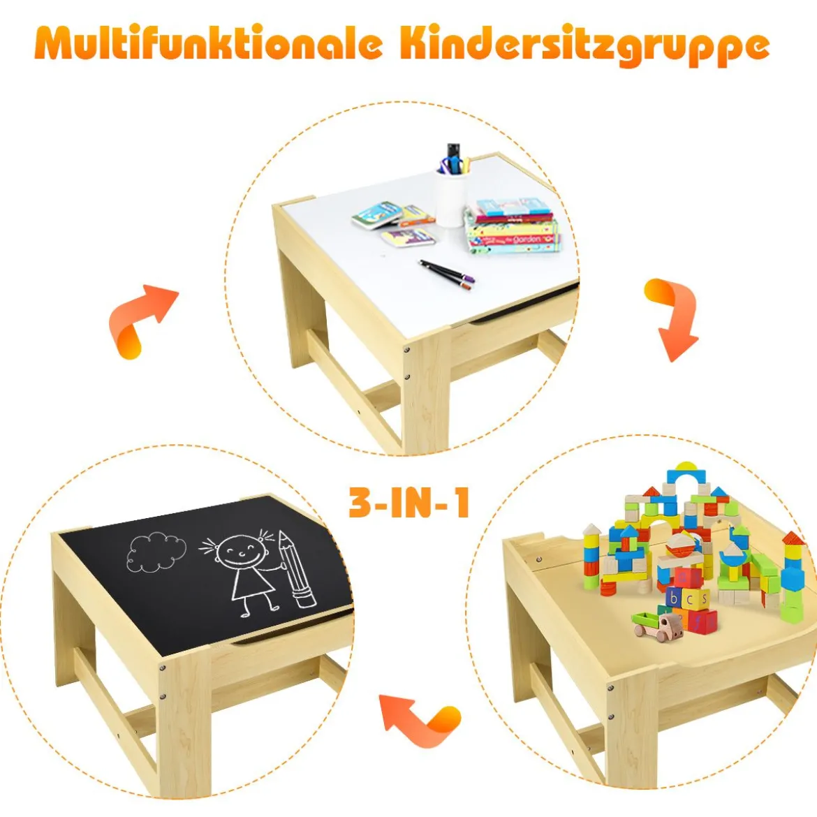 3 in 1 3 TLG. Kindersitzgruppe Kindermöbel Kindersitzgarnitur Kindertisch mit 2 Stühlen aus Holz Maltisch