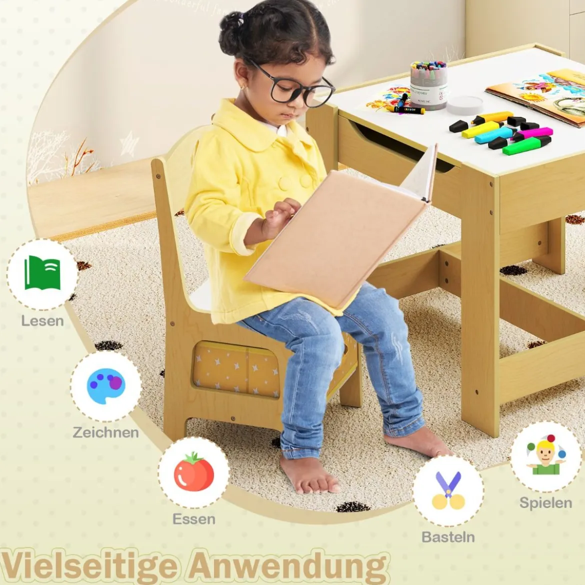 3 in 1 3 TLG. Kindersitzgruppe Kindermöbel Kindersitzgarnitur Kindertisch mit 2 Stühlen aus Holz Maltisch