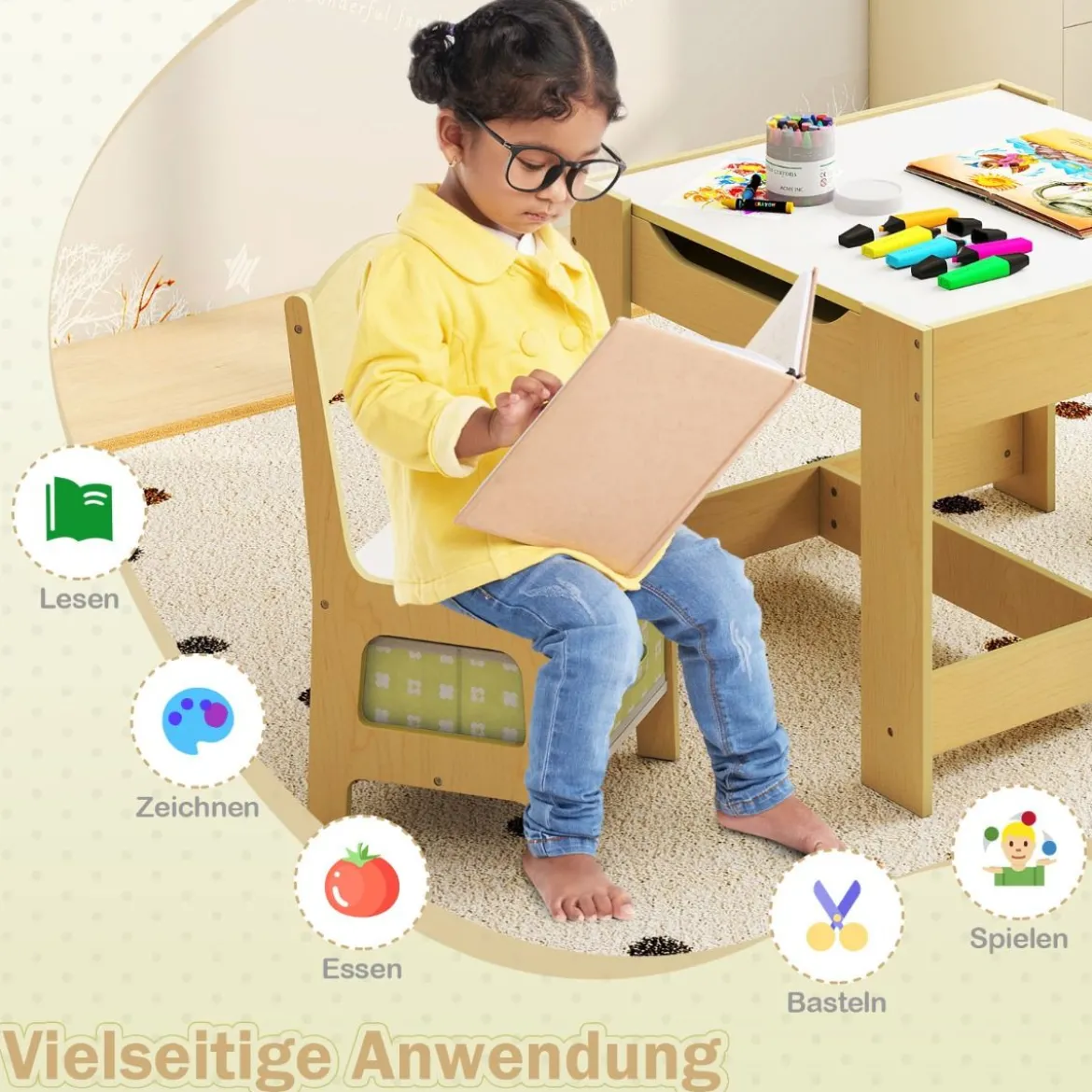 3 in 1 3 TLG. Kindersitzgruppe Kindermöbel Kindersitzgarnitur Kindertisch mit 2 Stühlen aus Holz Maltisch