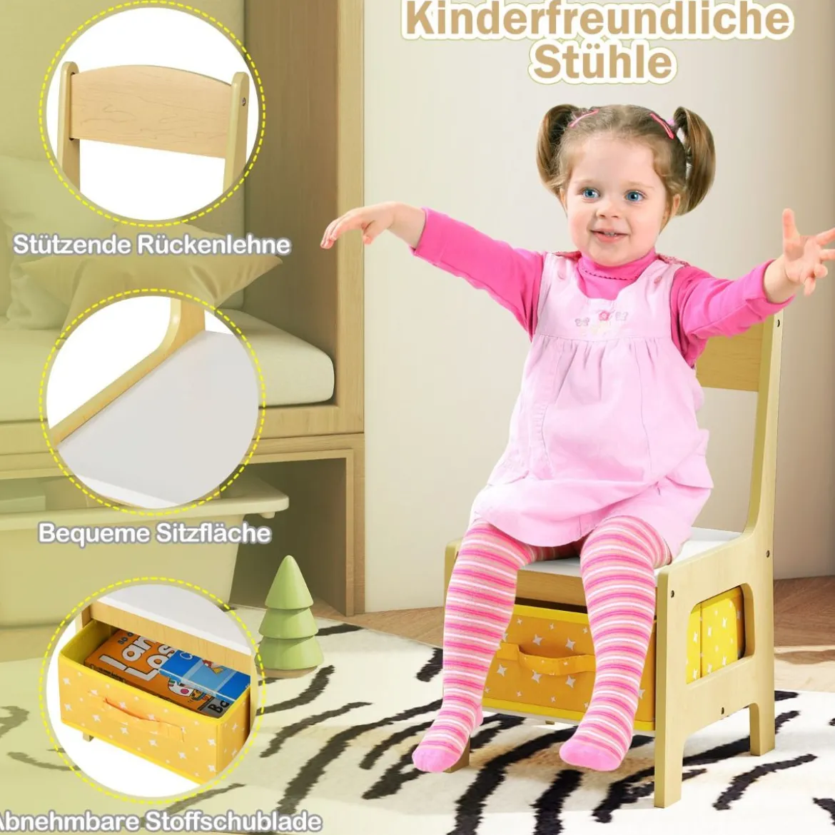 3 in 1 3 TLG. Kindersitzgruppe Kindermöbel Kindersitzgarnitur Kindertisch mit 2 Stühlen aus Holz Maltisch