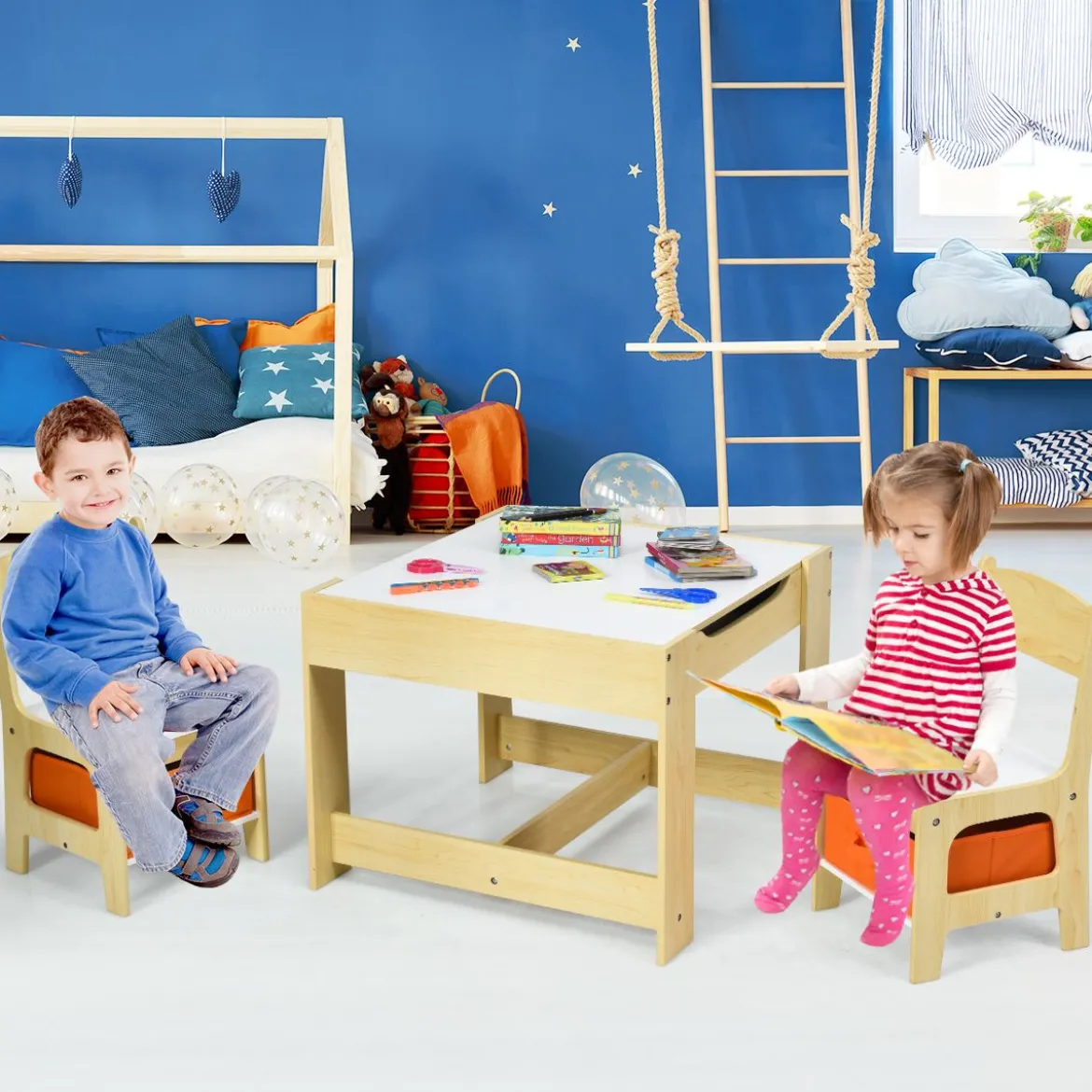 3 in 1 3 TLG. Kindersitzgruppe Kindermöbel Kindersitzgarnitur Kindertisch mit 2 Stühlen aus Holz Maltisch