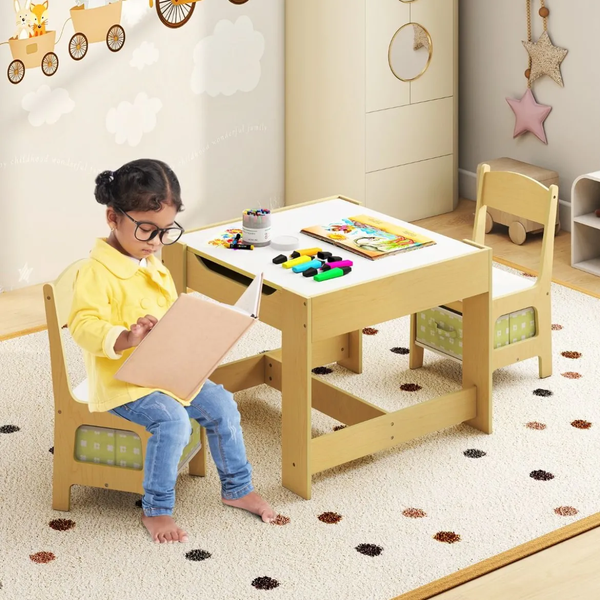 3 in 1 3 TLG. Kindersitzgruppe Kindermöbel Kindersitzgarnitur Kindertisch mit 2 Stühlen aus Holz Maltisch