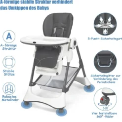4-in-1 Tragbarer Baby- und Kleinkinder-Hochstuhl Schlafstuhl 60 x 89 x 110 cm Grau