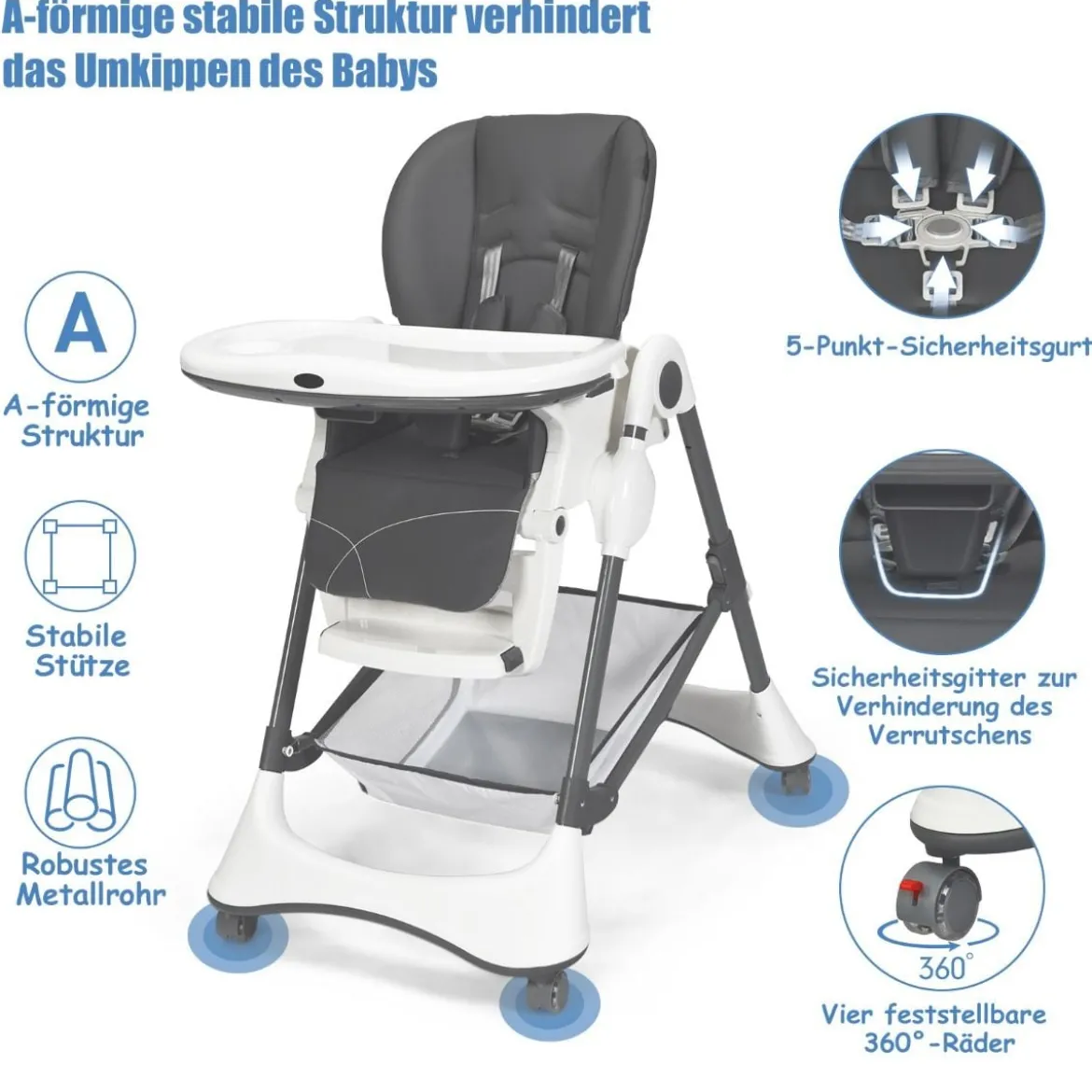 4-in-1 Tragbarer Baby- und Kleinkinder-Hochstuhl Schlafstuhl 60 x 89 x 110 cm Grau