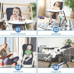 4-in-1 Tragbarer Baby- und Kleinkinder-Hochstuhl Schlafstuhl 60 x 89 x 110 cm Grau