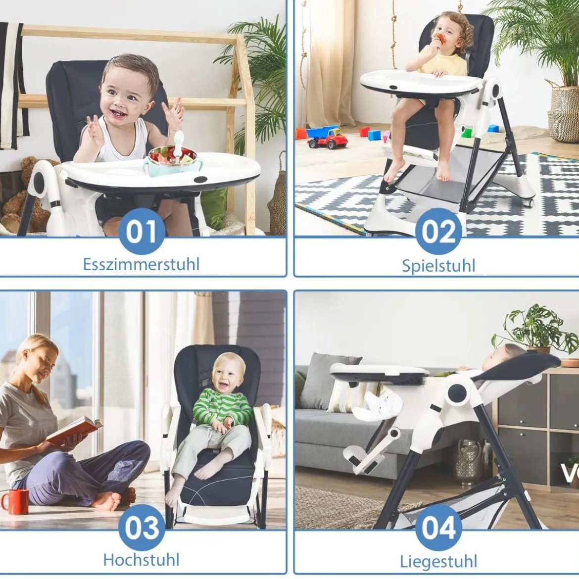 4-in-1 Tragbarer Baby- und Kleinkinder-Hochstuhl Schlafstuhl 60 x 89 x 110 cm Grau