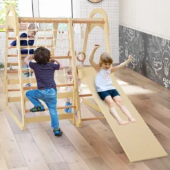 6 in 1 Turnringen & Kletterfelsen & Kletternetz & Leiter & Pull Up Bar & Spielzelt Klettergerüst Natur