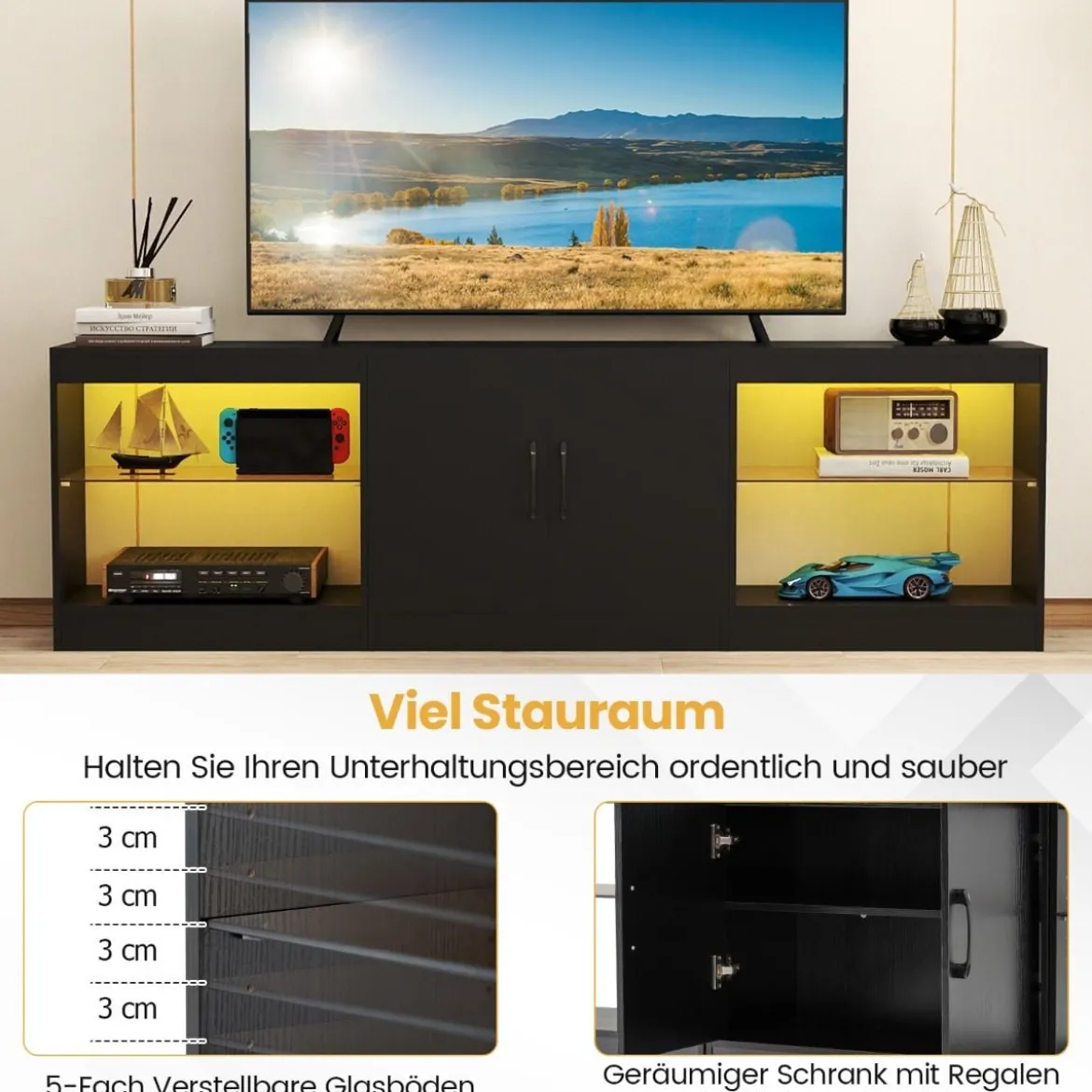 3 in 1 TV-Schrank für Fernseher bis zu 85 Zoll Lowboard mit LED Beleuchtung & Verstellbaren Glasregalen Schwarz