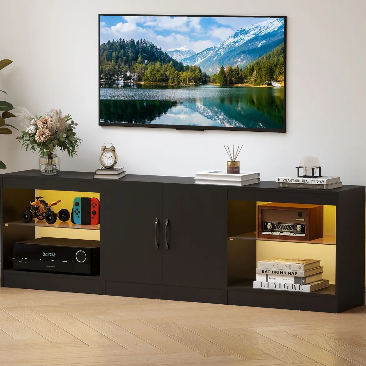 3 in 1 TV-Schrank für Fernseher bis zu 85 Zoll Lowboard mit LED Beleuchtung & Verstellbaren Glasregalen Schwarz