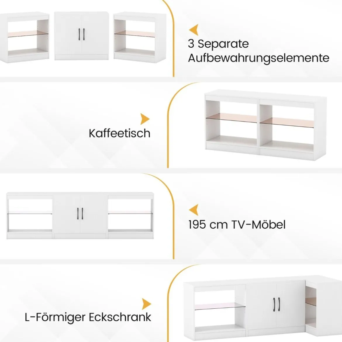 3 in 1 TV-Schrank für Fernseher bis zu 85 Zoll Lowboard mit LED Beleuchtung & Verstellbaren Glasregalen Weiß