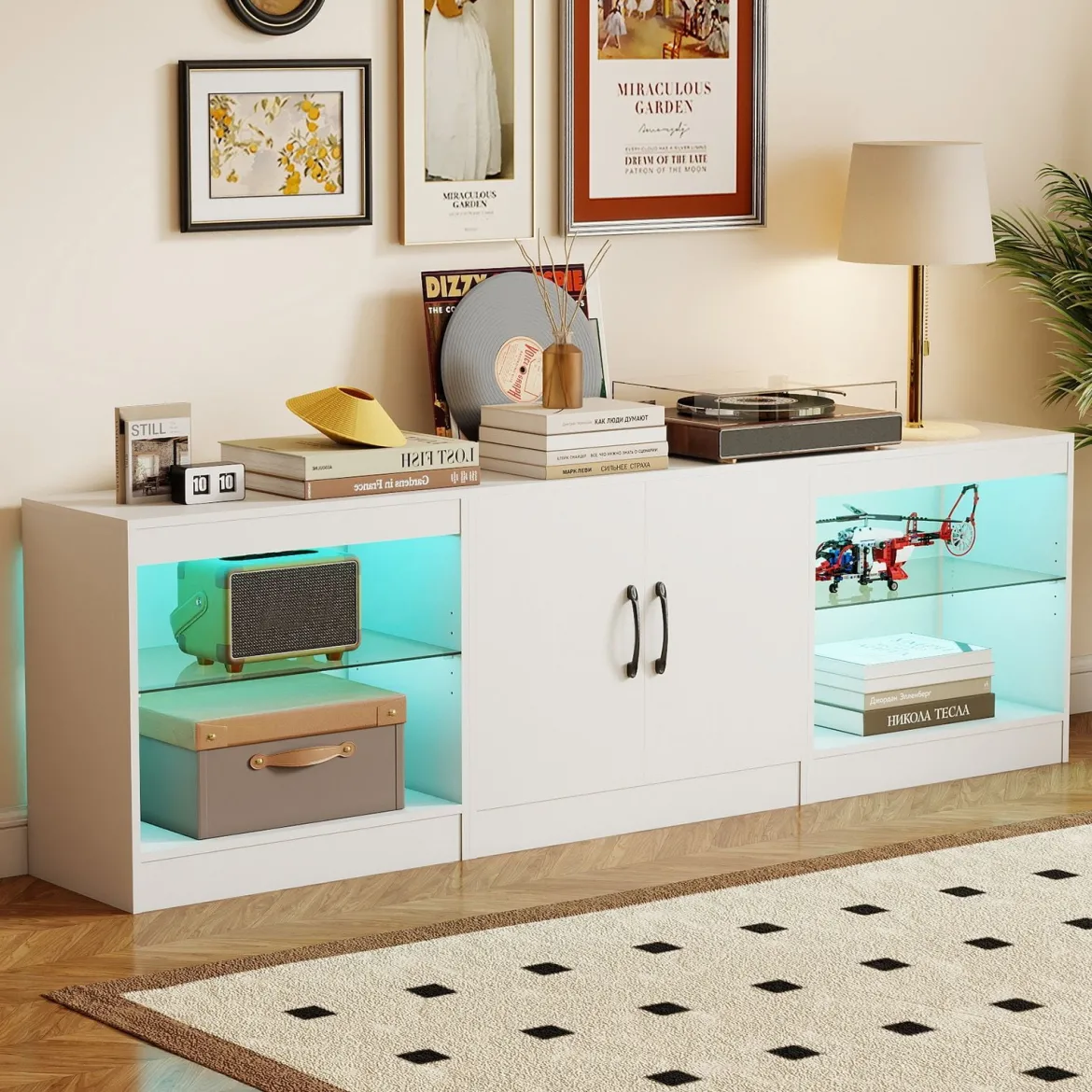 3 in 1 TV-Schrank für Fernseher bis zu 85 Zoll Lowboard mit LED Beleuchtung & Verstellbaren Glasregalen Weiß