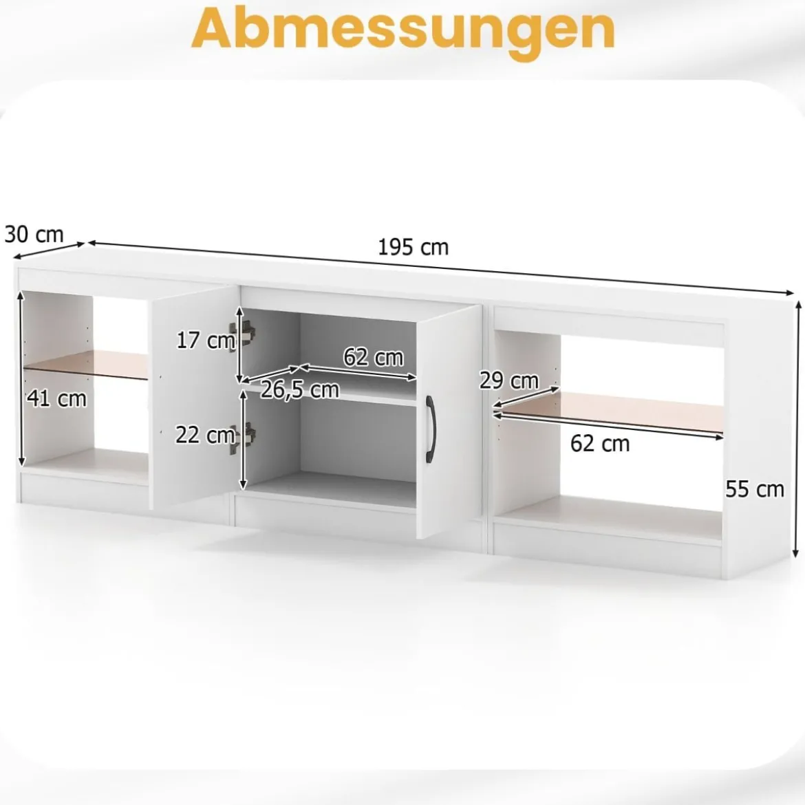 3 in 1 TV-Schrank für Fernseher bis zu 85 Zoll Lowboard mit LED Beleuchtung & Verstellbaren Glasregalen Weiß