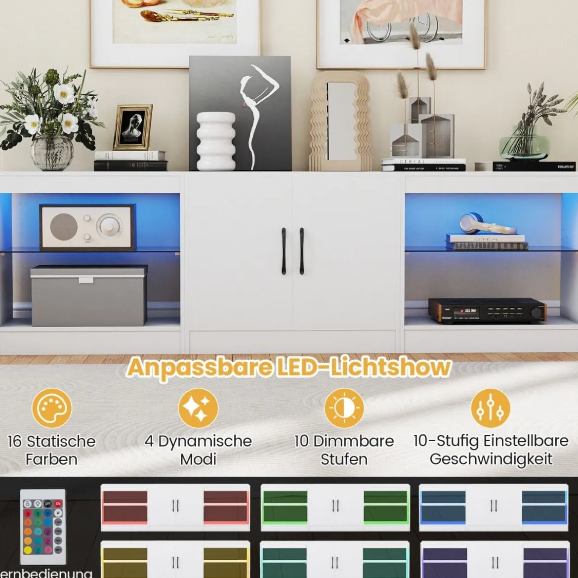 3 in 1 TV-Schrank für Fernseher bis zu 85 Zoll Lowboard mit LED Beleuchtung & Verstellbaren Glasregalen Weiß