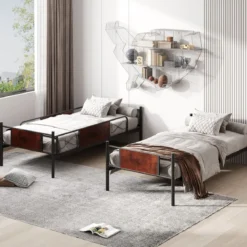 2-in-1 Umbaubares Doppelstockbett aus Metall mit Leiter & Kippschutz Etagenbett 190 x 90 cm
