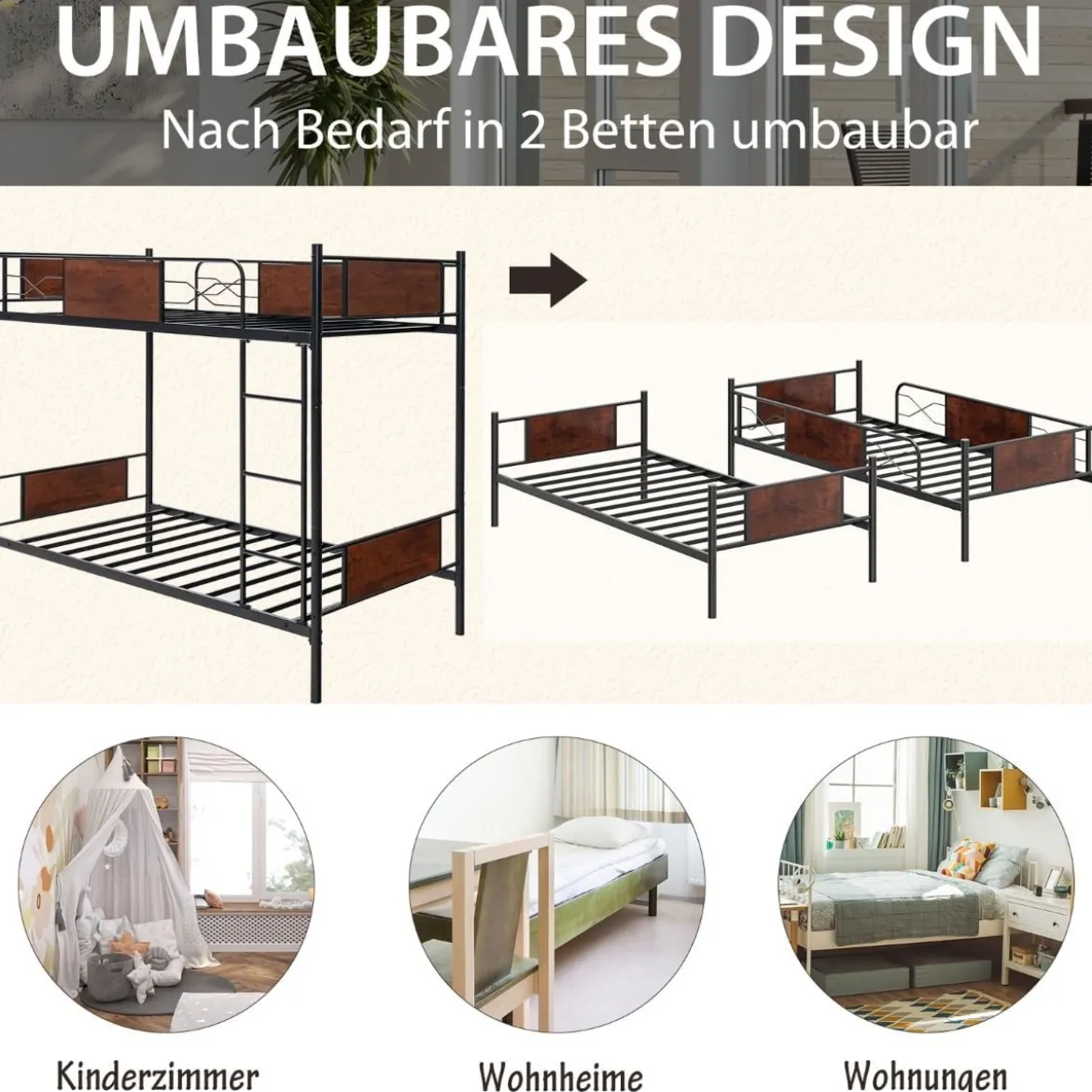 2-in-1 Umbaubares Doppelstockbett aus Metall mit Leiter & Kippschutz Etagenbett 190 x 90 cm
