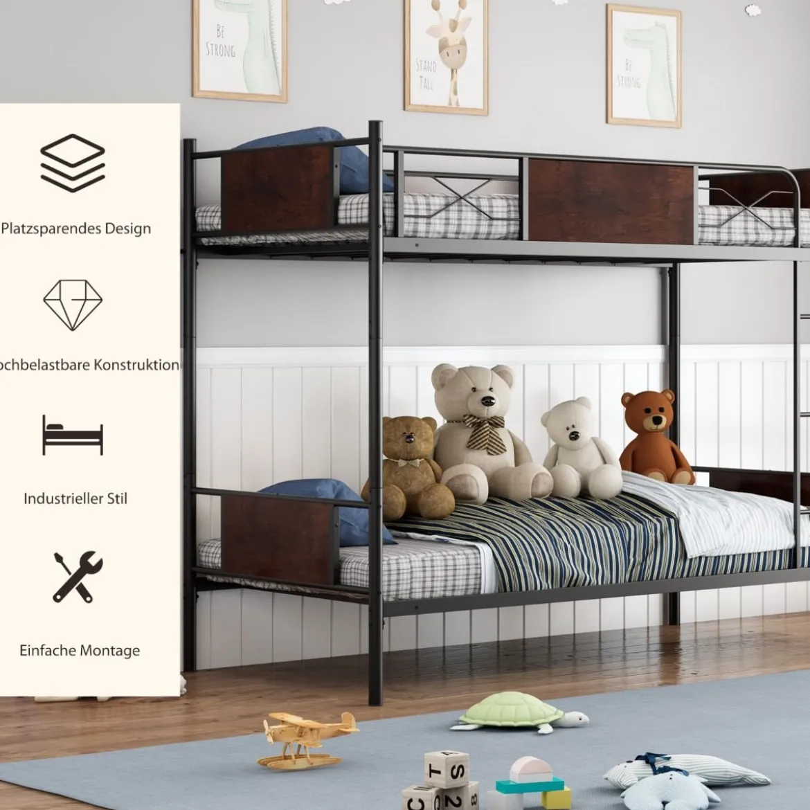 2-in-1 Umbaubares Doppelstockbett aus Metall mit Leiter & Kippschutz Etagenbett 190 x 90 cm