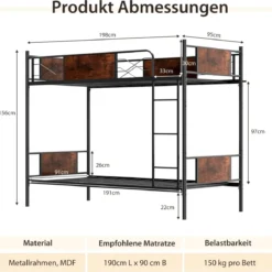 2-in-1 Umbaubares Doppelstockbett aus Metall mit Leiter & Kippschutz Etagenbett 190 x 90 cm