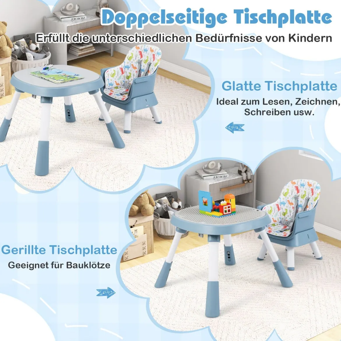 16-in-1 Umwandelbarer Hochstuhl mit Abnehmbarem Tablett & 5-Punkt-Gurt Kindertisch- & Stuhlset Blau