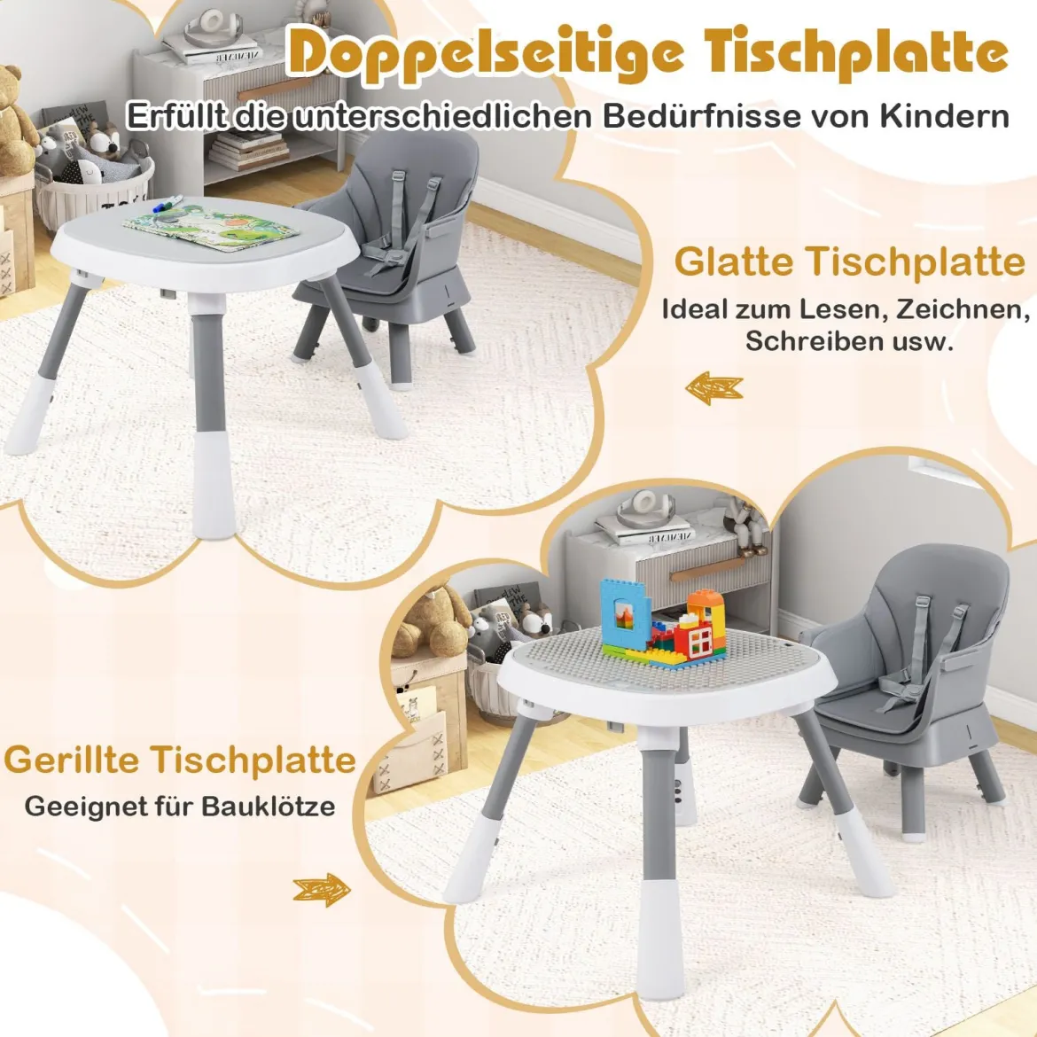 16-in-1 Umwandelbarer Hochstuhl mit Abnehmbarem Tablett & 5-Punkt-Gurt Kindertisch- & Stuhlset Grau