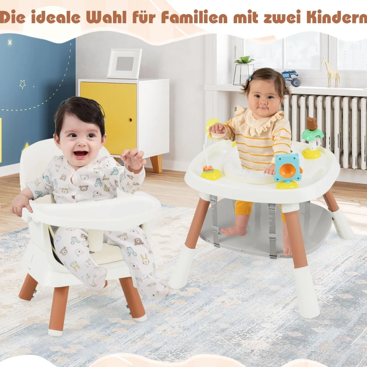 16-in-1 Umwandelbarer Hochstuhl mit Abnehmbarem Tablett & 5-Punkt-Gurt Kindertisch- & Stuhlset Weiß