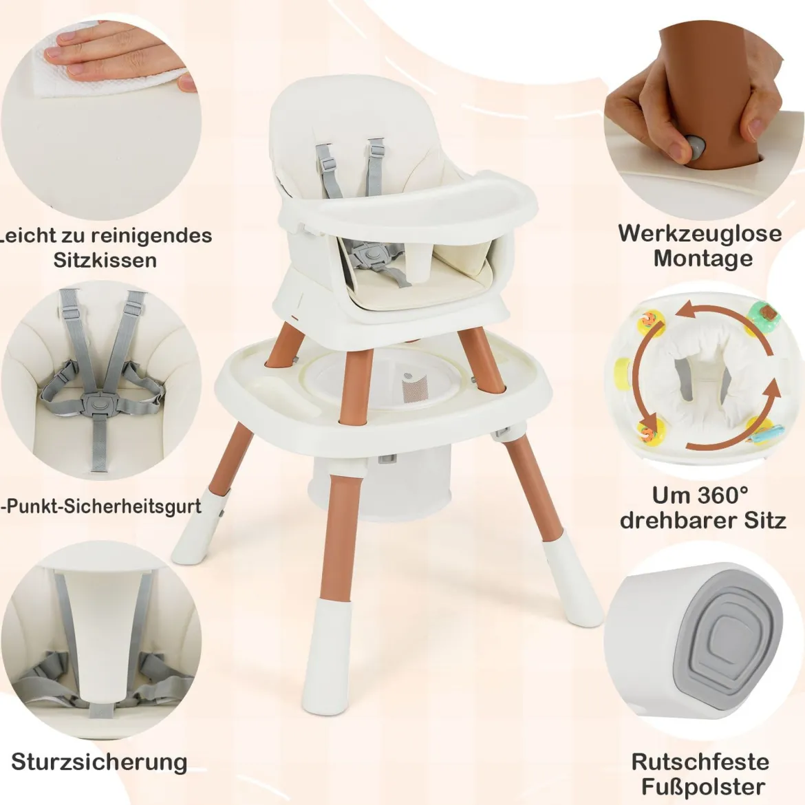 16-in-1 Umwandelbarer Hochstuhl mit Abnehmbarem Tablett & 5-Punkt-Gurt Kindertisch- & Stuhlset Weiß