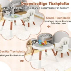 16-in-1 Umwandelbarer Hochstuhl mit Abnehmbarem Tablett & 5-Punkt-Gurt Kindertisch- & Stuhlset Weiß