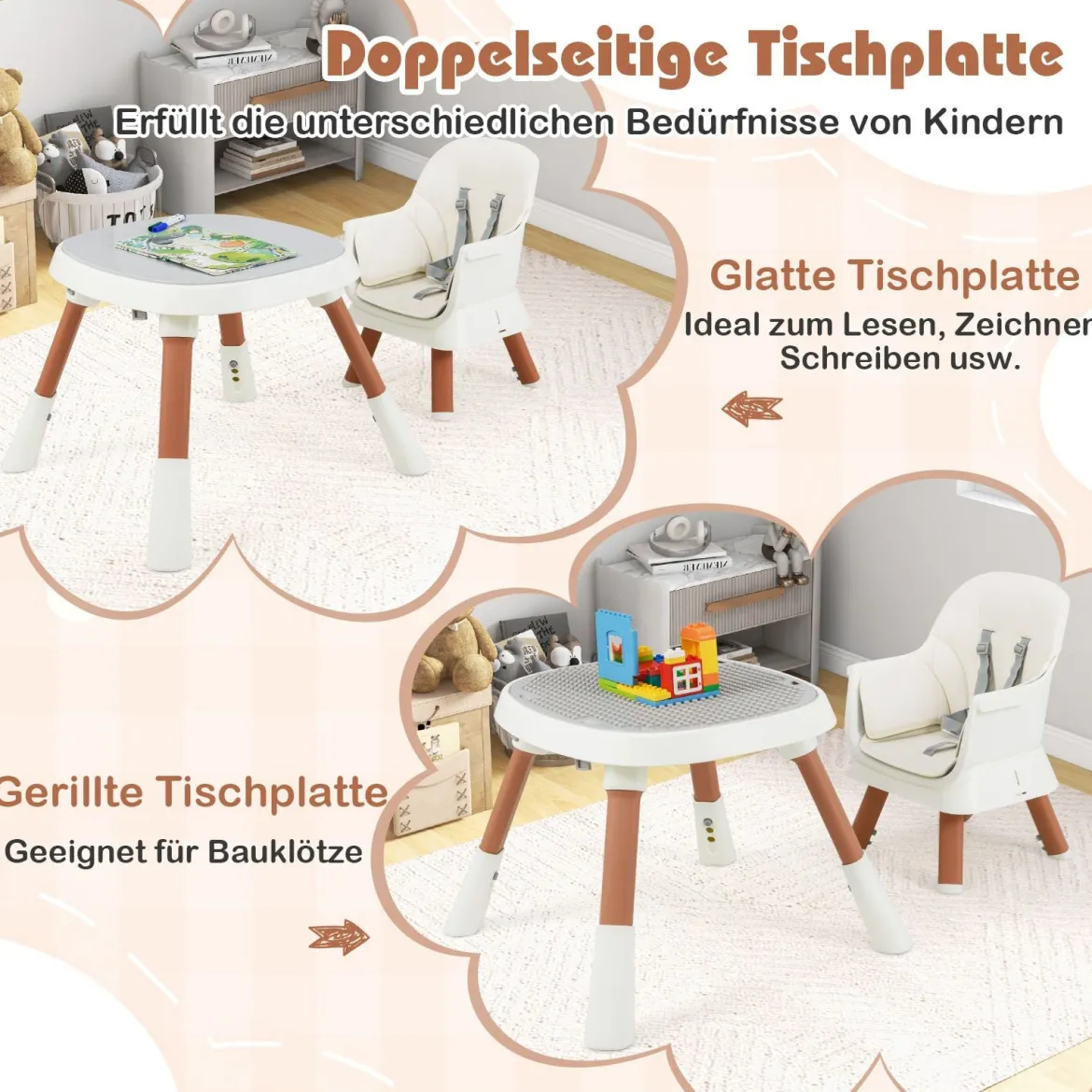 16-in-1 Umwandelbarer Hochstuhl mit Abnehmbarem Tablett & 5-Punkt-Gurt Kindertisch- & Stuhlset Weiß