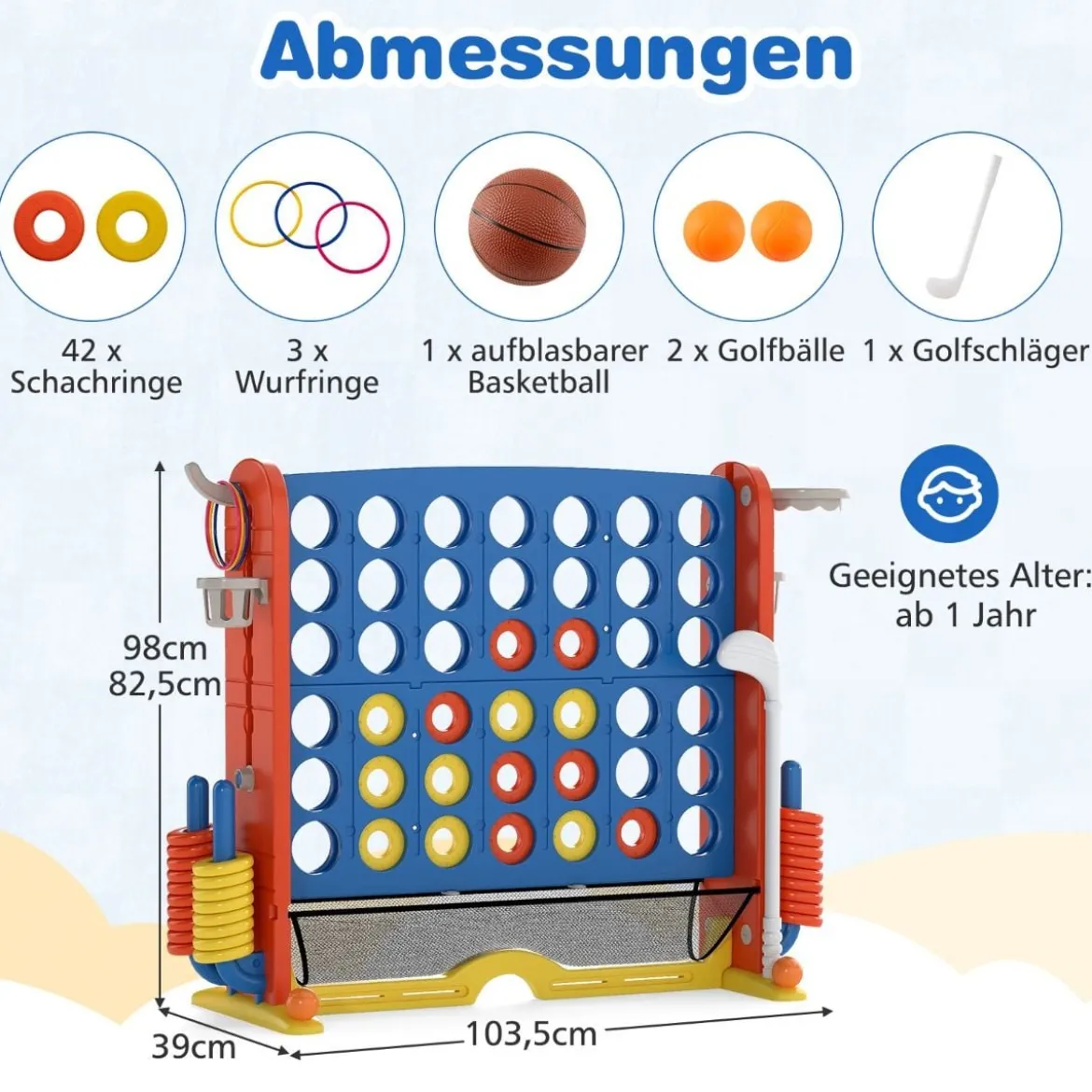 4 in 1 Vier Gewinnt mit Ringwurf & Basketballkorb & Golfspiel & Tragetasche Jumbo 4 Gewinnt Blau