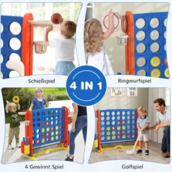 4 in 1 Vier Gewinnt mit Ringwurf & Basketballkorb & Golfspiel & Tragetasche Jumbo 4 Gewinnt Blau