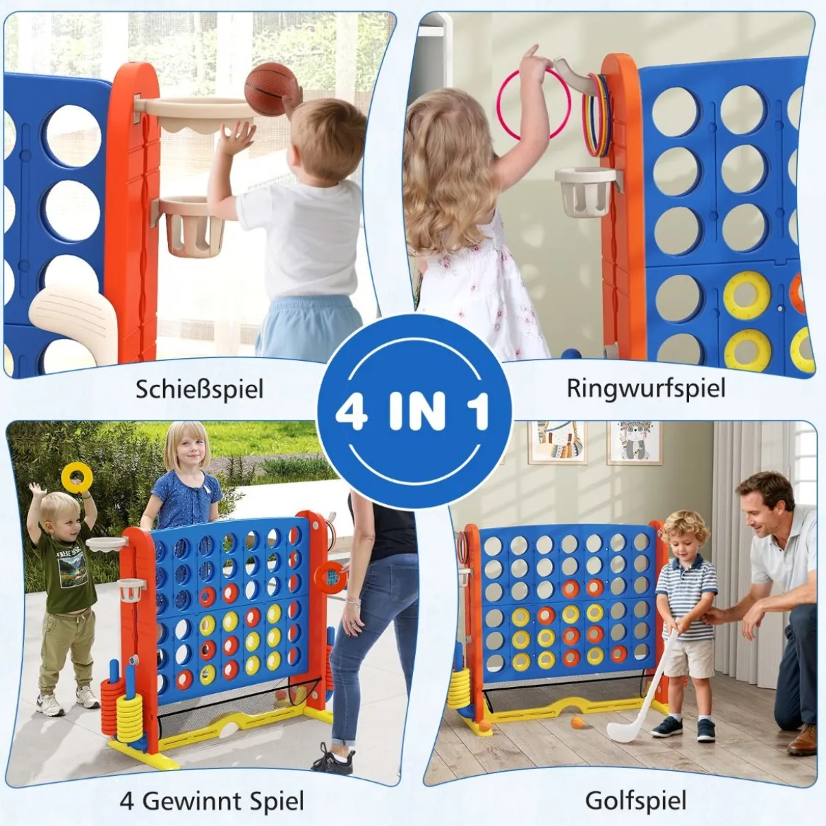 4 in 1 Vier Gewinnt mit Ringwurf & Basketballkorb & Golfspiel & Tragetasche Jumbo 4 Gewinnt Blau