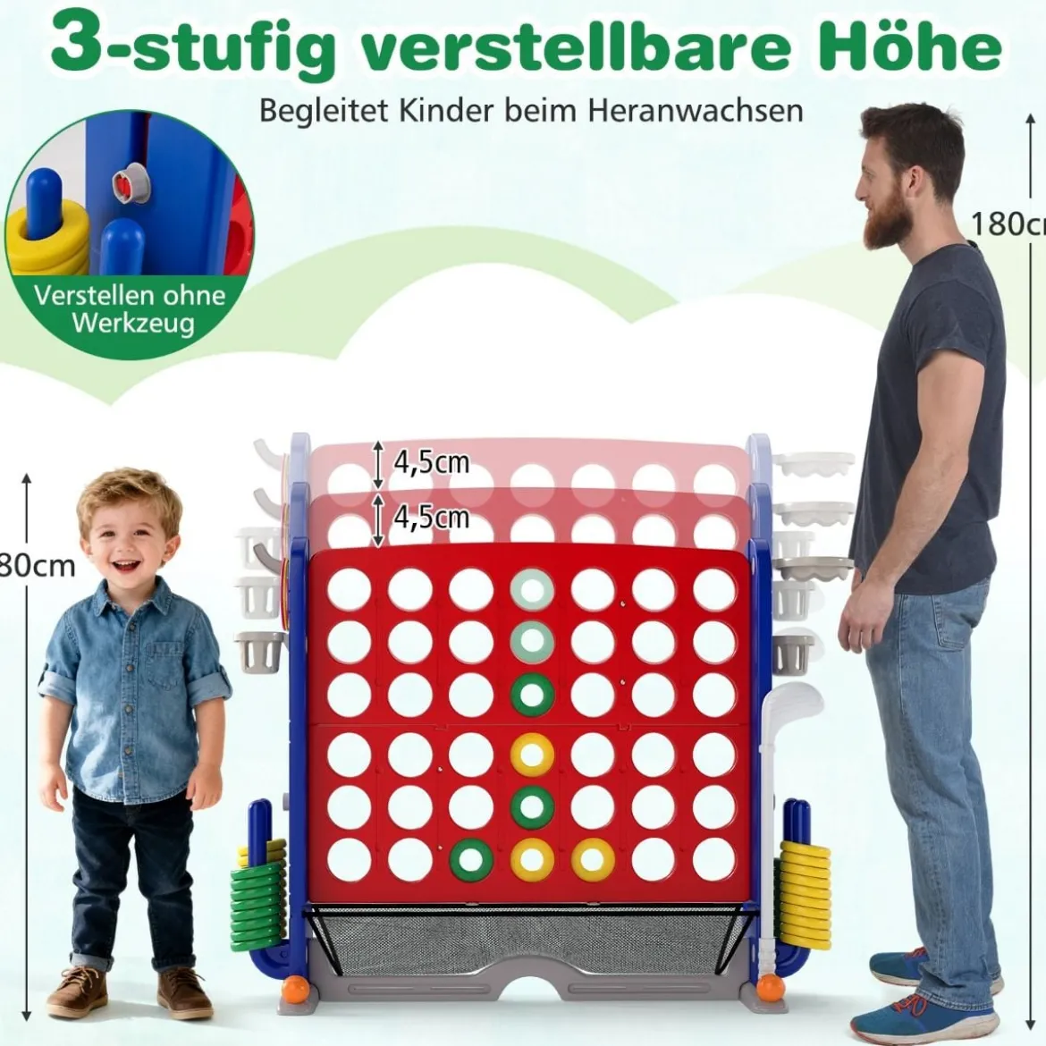 4 in 1 Vier Gewinnt mit Ringwurf & Basketballkorb & Golfspiel & Tragetasche Jumbo 4 Gewinnt Rot